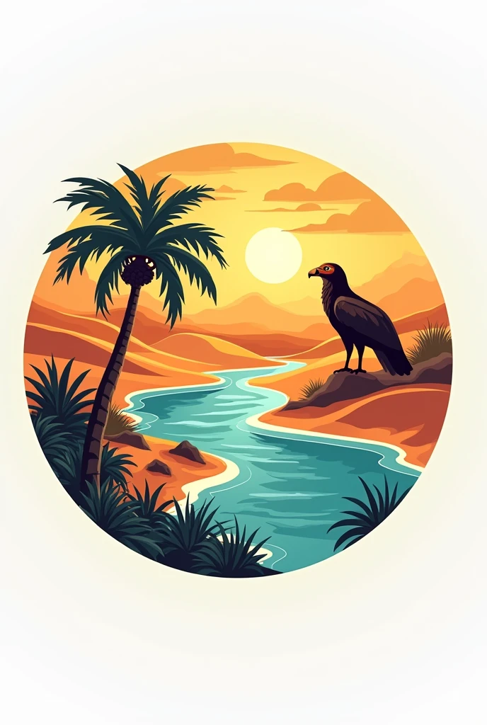 Je veux un logo pour une marque de boisson avec une oasis, des dunes de sable,des palmiers, un coucher de soleil, une source d'eau, tout ça dans un cercle peut tu garder cette image mais rajouter un chameau en fond