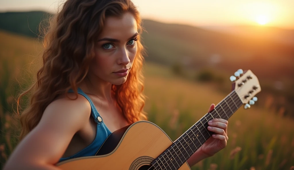 ((best quality)), ((masterpiece)), (detail), perfect face, full body shot of a young europe woman playing guitar on the valley, woman with V-line face and blue eyes, magical light, sparkling light, 8k, ultra high resolution, sharp face