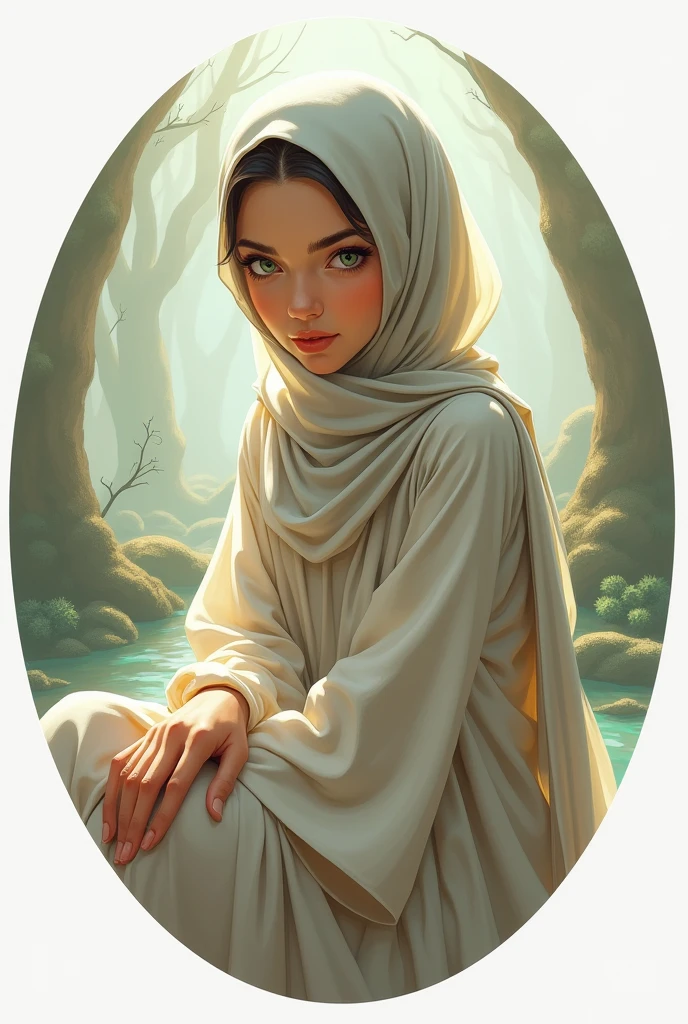 I need pfp aesthetic a girl sitting on a chair with sharp jawline and wearing hijab n abaya with beautiful face features and eyes color green with aesthetic background  cartoonic characters with  circle PFP with
