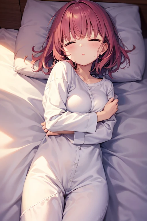 round face、Sleeping in bed、Medium Breast、Wearing pure white pajamas
