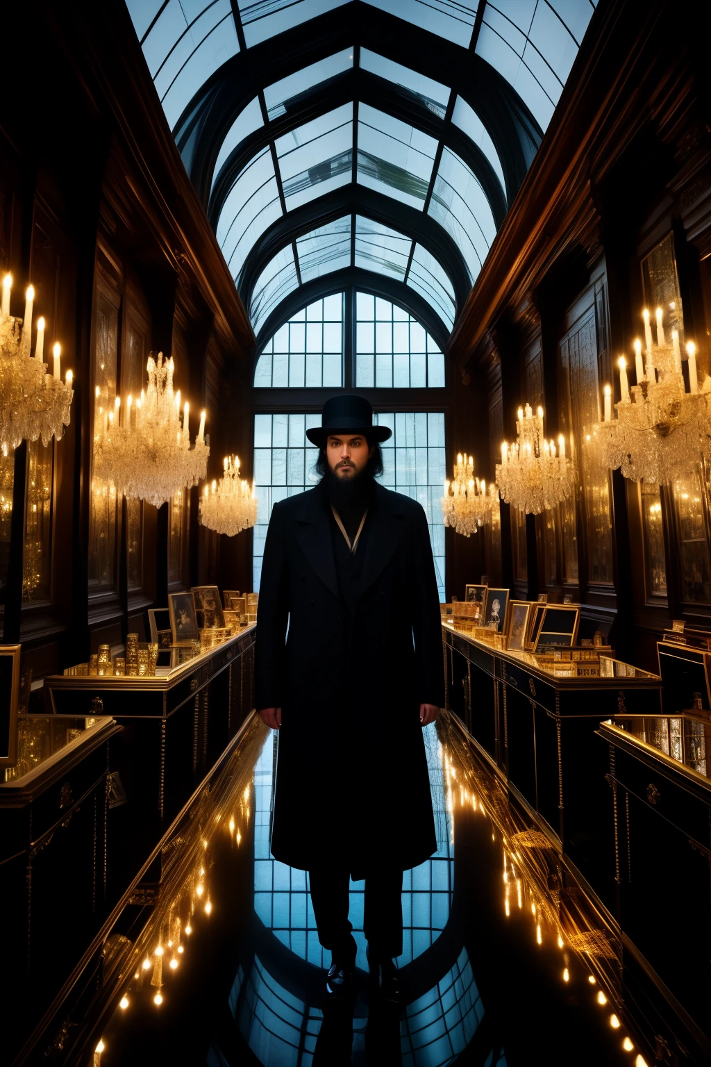 Room of mirrors, tall man with black hair, hat, mysterious and magical book