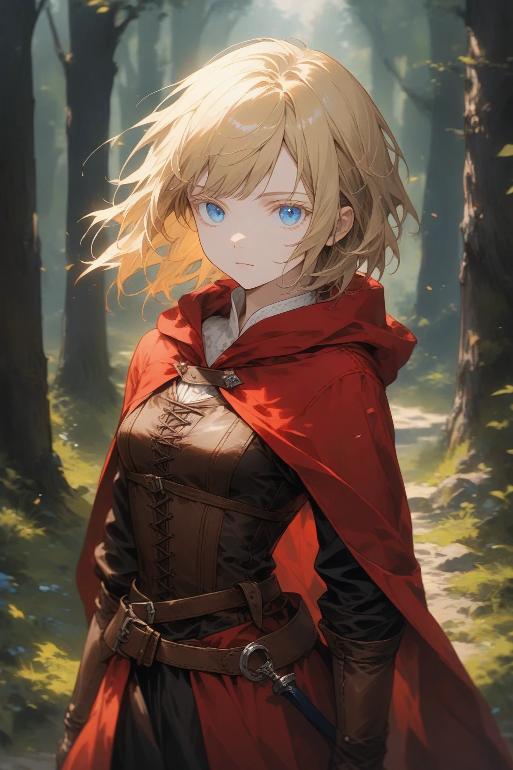 masterpiece, best quality, very aesthetic, absurdres,1girl,rating: general,(hyper detailed eyes),blonde hair,short hair,[disheveled hair],colored eyelashes,blonde eyelashes,blue eyes,(sharp eyes),(slanted eyes),choppy bangs,medium breasts,clear face,expressionless,(red hooded cloak),leather armor,leather chest guard,leather gauntlets,leather greaves,leather boots,(short sword on hip),(sheathed),medieval,fantasy,forest,