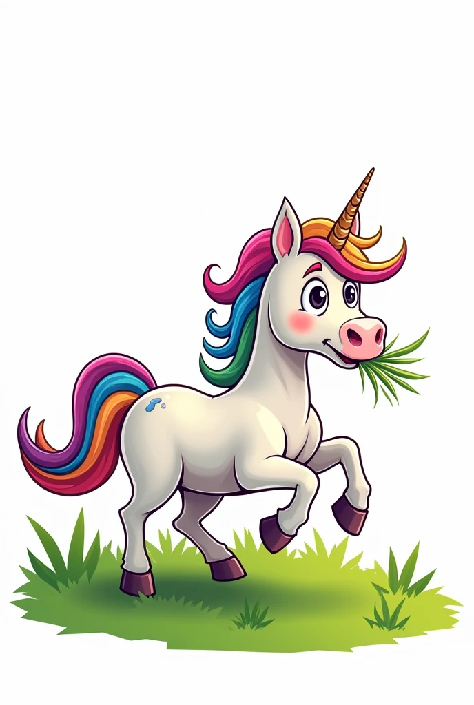 Fast running unicorn with green grass in its mouth with rainbow tail rainbow mane simple cartoon style with open eyes and white background 