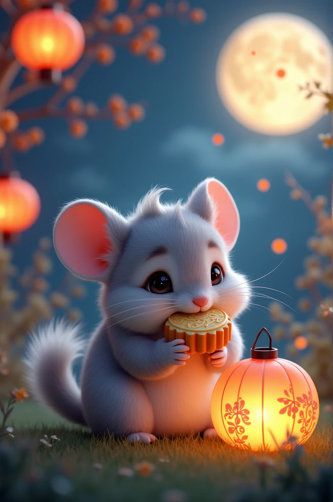 3. A cute chinchilla sitting on grass, eating a mooncake and watching the moon, with colorful lanterns illuminating the Mid-Autumn Festival scene.