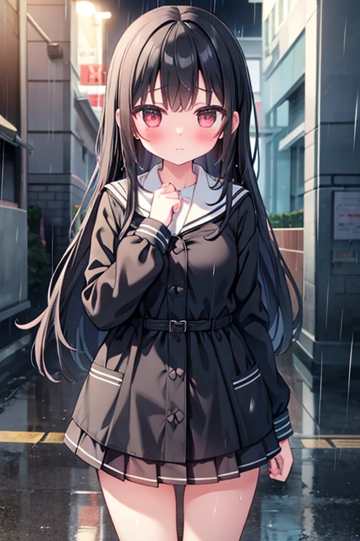 One girl, Long black hair,Schoolgirl uniform, shy, blush, Wet, rain, transparent, (masterpiece, Highest quality), Soft Light, Structure of the film, Cinematic Light,Raincoat