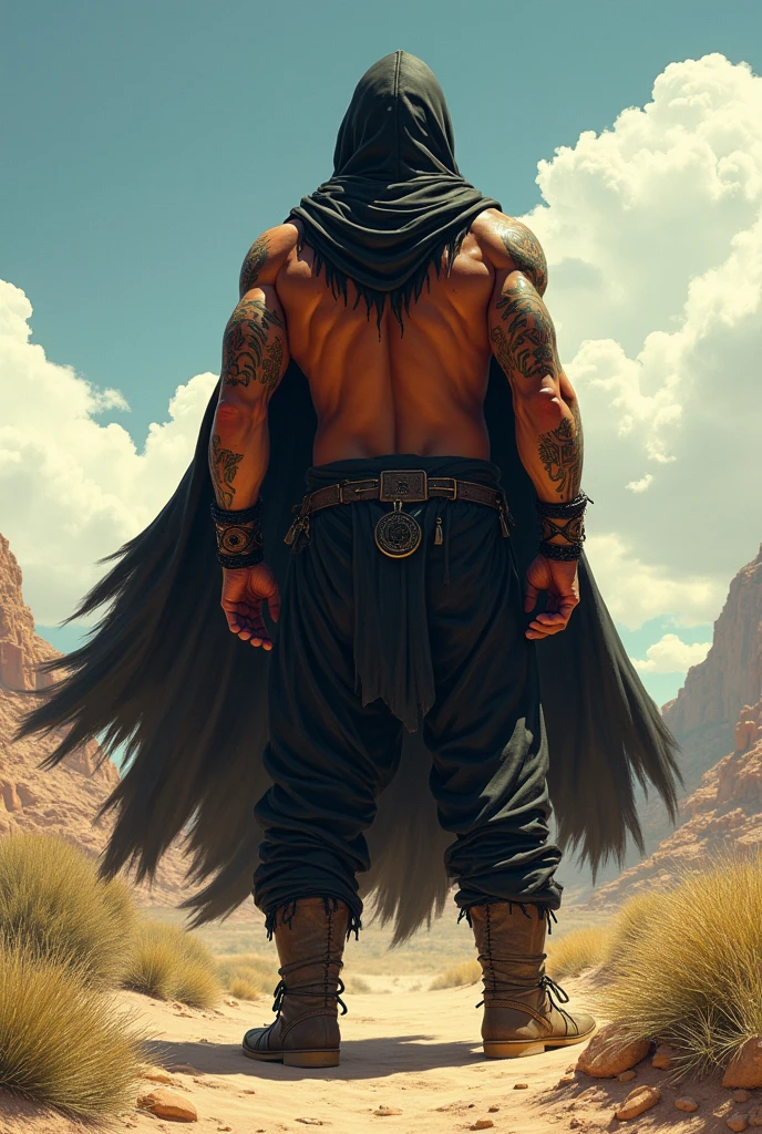Full-body image (from behind) of a muscular, tattooed American Indian man, with a black hood and a large black cape covering his back. He has no shirt and wears a loincloth, loose black pants, native boots and large metal bracelets on both wrists. He's on his back, set in the Arizona desert, looking up at the sky. Frazetta art style.