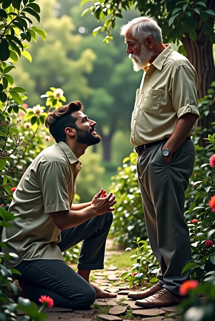 30 year old rich young man on his knees crying and asking for forgiveness, put an old man in the picture,the son looking at the old man, your beard should be short, the young man also has a short beard, both are in a garden, is wearing a shirt and pants