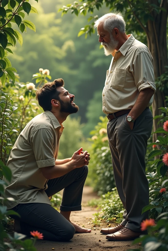 30 year old rich young man on his knees crying and asking for forgiveness, put an old man in the picture,the son looking at the old man, your beard should be short, the young man also has a short beard, both are in a garden, is wearing a shirt and pants