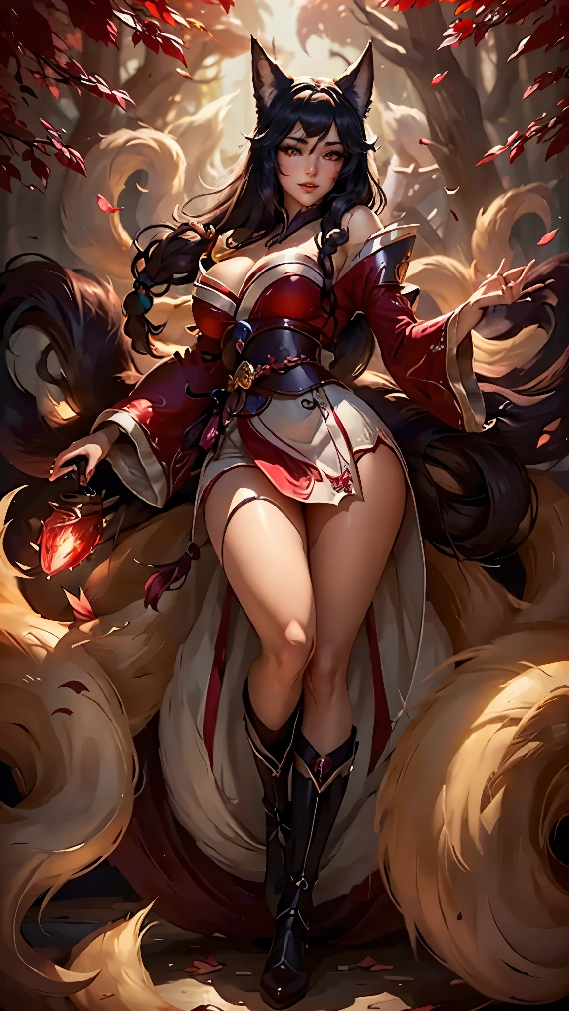 Ahri da league of legends,(best qualityer,4K,8k,high resolution, work of art:1.2)(weather: windy), 1girl, Japanese female, spirit forest background, red and white long sleeve korean kimono dress, thigh high stockings, cleavage, spirit sphere, cute makeup, tall boots, belt, long black hair, braided hair, fox ears, multiple fox tails, ultra detailed, realistic, portrait, beautiful detailed yellow eyes, beautiful detailed lips, extremely detailed eye and face, beautiful girl, long eyelashes, sexly, average, large breasts, beaming smile, magical pose, stunning curves, bright coloured, dramatic lighting, fox spirits,