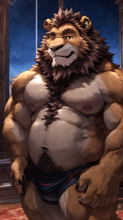 anime style, aid210, nj5furry, ((whole body)), ((alchemist)), relaxation, ((plump middle-aged lion man)), BREAK ((brown eyes)), one eye closed, beautiful beard, beautiful ears, (male face:1.3), (big face:0.5), square jawline, (Male Eyes:1.2), (sharp eyes:0.8), (big eyes:0.5), male eyebrows, (innocent look:0.5), (beautiful black nails down to the last detail:1.2), BREAK (complete Anatomy), (detailed face:1.3), beautiful face, (detailed body), (beautiful hands:1.2), (detailed fingers:1.2), (detailed eyes:1.1), (beautiful Eyes:1.1), arm details, Leg Details, beautiful feet, BREAK Muscular anthlo, body hair, ((hairy skin)), fluffy, (detailed brown nipples:0.8), (blood vessel:-0.8), (glowing Skin:-0.7), (chest hair:0.5), (1 tail), (a beautiful and detailed small tail), BREAK night sky, indoor, ultra detailed, highest quality, ultra-high resolution, realistic, 16K, masterpiece, beautiful detailed, perfect solution, absurdists, (faint light),