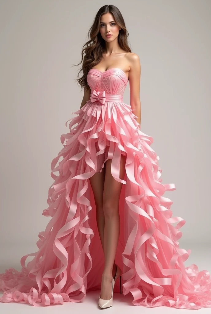 drawing of a woman who's wore formal pink ribbon dress from head to toe front and back and wore heels