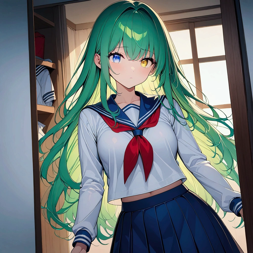 (((anime))) One Woman,Changing clothes,I can see your underwear,In front of the closet,Long Hair,(Green Hair),Bangs parted in the center,Heterochromia iridis,((blue eyes)),Yellow Eyes,Big eyes Sailor suit,Navy Skirt,Changing clothes in a dark room,Outside the window it's bright,Backlight,masterpiece,Highest quality,Exquisite,8k,Absurd,Ultra-fine illustrations
