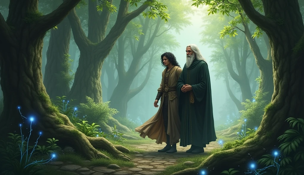 Black haired prince with old wise man In the forest