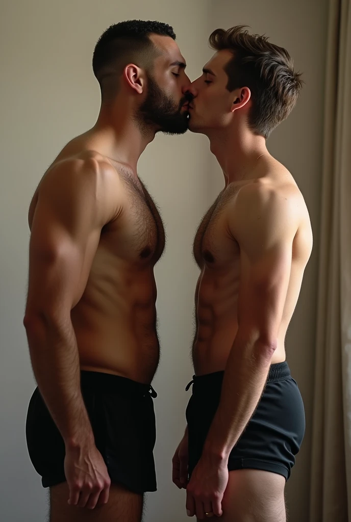 Photo realistic image of handsome 4 white teacher, tall and beardless, very muscular on a date with tight sports uniform on his big hairy muscular legs in love with a very young short age boy student in uniform thin kissing his pecs