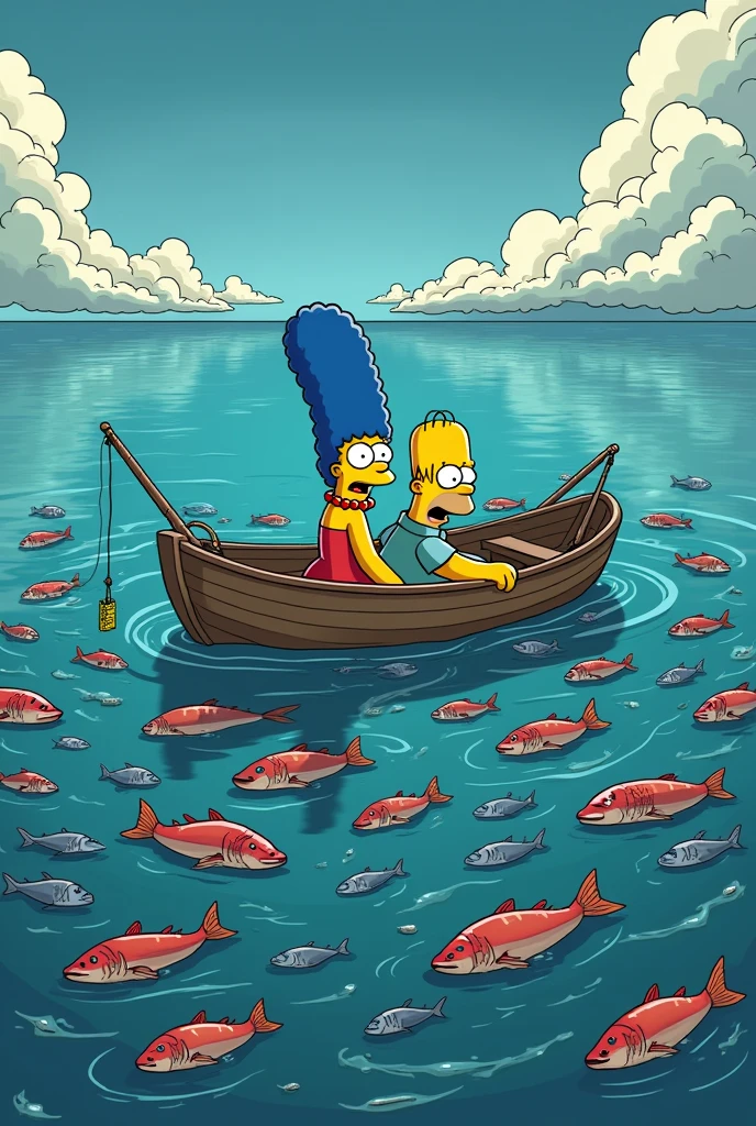 a simpsons style landscape image of homer and marge Simpson looking horrified sitting in a boat in the ocean holding fishing lines and fishing nets. all the fish are dead floating on the surface of the water