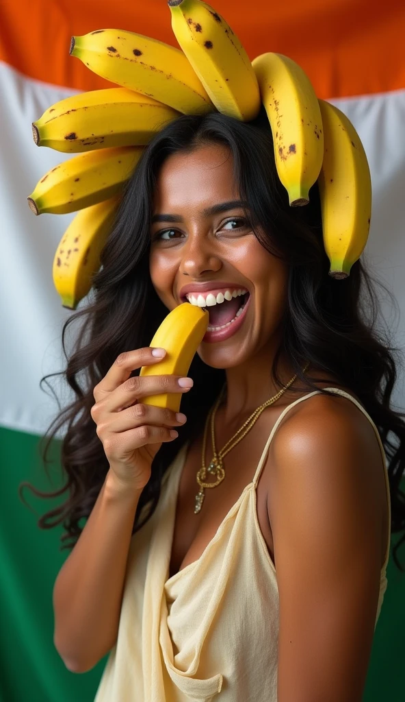 Clothed 30's、A very beautiful Indian woman。Dressed in traditional American clothing。Facing forward、Open your mouth wide、The banana in her right hand looks delicious.、I bite into it with the skin on.。The expression is、Ecstatic expression、I feel a strong sense of ecstasy。Being sexually aroused。With a smile、Both eyes are open。The head was peeled、Covered with lots of real bananas。On and around the head、There are a lot of bananas。There are bananas all around。There are so many bananas。The skin is、Hidden by clothes、Light clothing。There are bananas all around。Covered in bananas。No tattoos。The background is the colours of the Indian flag.。9:16 sizes。Highest quality、A masterpiece。