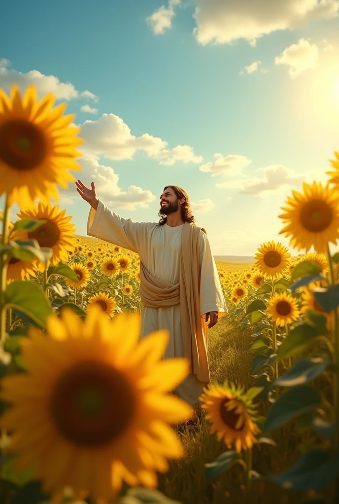 Jesus Walking Through a Field of Sunflowers: A bright and uplifting image of Jesus walking through a vast field of sunflowers. The tall, golden flowers surround him, and the sunlight casts a warm glow on his face. He is smiling, gently touching the tops of the flowers as he walks, enjoying the beauty of nature. The sky above is a brilliant blue with a few fluffy clouds, and the whole scene feels alive with warmth, light, and joy.