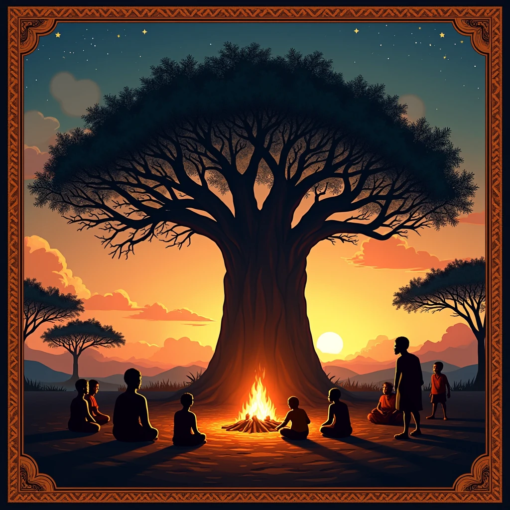 A YouTube banner depicting a large ancient baobab tree in the center, avec des racines massives et des branches étendues qui symbolisent la sagesse et la tradition africaine. Around the Tree, on voit des silhouettes de villageois africains assis en cercle autour d’un feu de camp, écoutant attentivement un conteur qui partage une histoire animée. The background gradually changes from a warm sunset in hues of orange and purple to a starry sky, évoquant la magie des nuits africaines et le lien profond avec la nature. Les bords de la bannière sont ornés de motifs et symboles africains traditionnels, adding cultural and visual richness. Le nom de la chaîne ‘Le griot des ancêtres ’ est écrit en haut de l’image en lettres audacieuses et élégantes, dans une police inspirée de l’héritage africain, with earthy tones that blend harmoniously into the overall scene