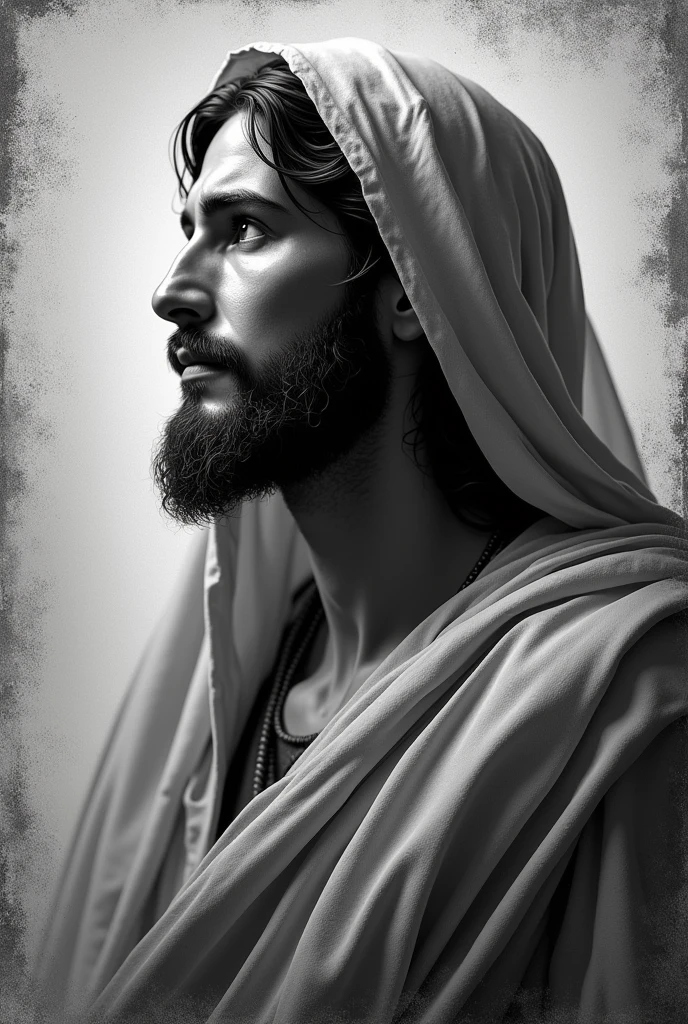 A striking monochromatic portrait depicts Jesus Christ in a thoughtful profile, his eyes revealing an inner depth and tranquility. He is draped in a flowing robe, adorned with a headscarf that adds texture and dimension. The artist's skilled brushstrokes are evident in the intricate, canvas-like background, which features a distressed effect. The overall atmosphere of the piece is contemplative and peaceful, inviting viewers to ponder the deeper meaning within.