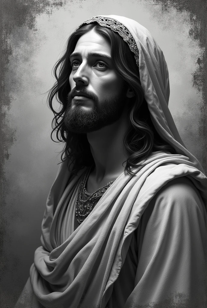 A striking monochromatic portrait depicts Jesus Christ in a thoughtful profile, his eyes revealing an inner depth and tranquility. He is draped in a flowing robe, adorned with a headscarf that adds texture and dimension. The artist's skilled brushstrokes are evident in the intricate, canvas-like background, which features a distressed effect. The overall atmosphere of the piece is contemplative and peaceful, inviting viewers to ponder the deeper meaning within.