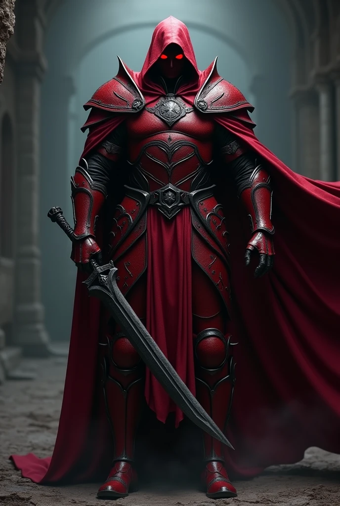 Dark Lord wearing dark red armor. With a dark red mask and red eyes. Holding a black sword in his hand 
