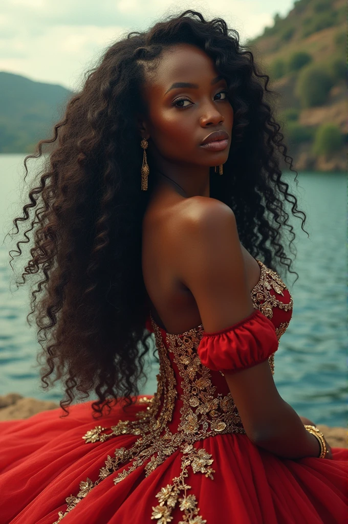 Realistic portrait of an African woman with dark brown skin burned by the sun, cheveux longs:2
Curly, Princess clothes, Cendrillon de style rococo long, Image intrigante, image propre, In the background a beautiful lake, couleurs vives, Cinematic shadows,