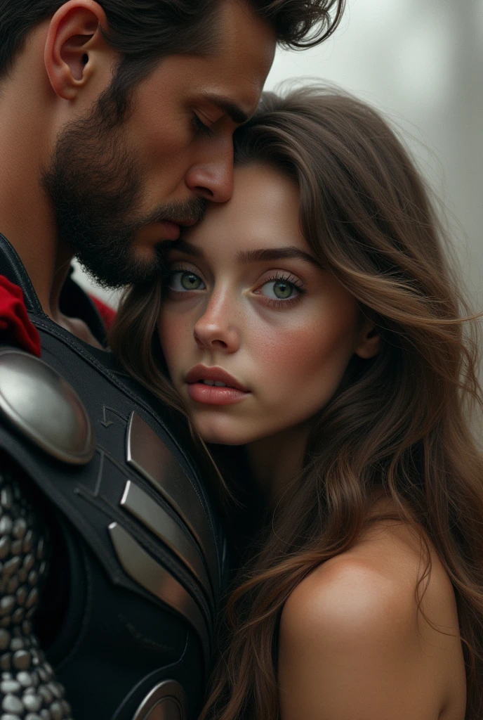 a teenage girl with brown wavy hair and eyebrows, large dark green eyes, a straight nose, a rather round face, thin lips, and a large beautiful chin hugging Thor