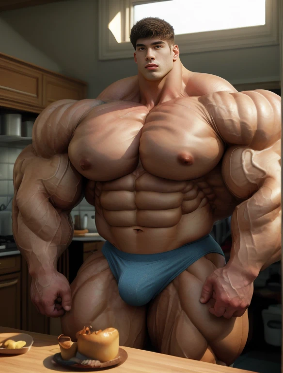 1boy, giant, asian, solo, giant bodybuilder, golden hour, strong body, bulk, large size, standing at kitchen by window, indoor, nude, blue triangular underwear with enormous bulge, extraordinary big, brutalmass, giant muscular body, bulk, buff, massive body, large meaty body size, extremely wide body, tallest body