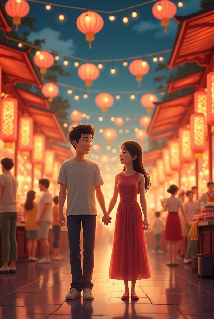 Parents enjoying a stroll through a night market, hand in hand, with lanterns hanging above and celebrating the Mid-Autumn Festival