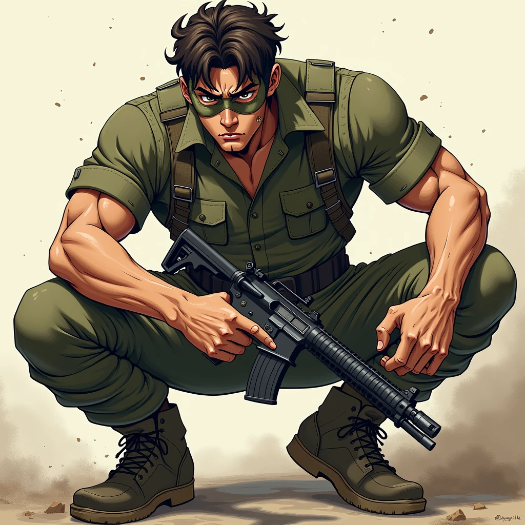anime art, a 20 year old angry male, wearing militar mask, veige militar clothes, squatting down, holding gun, sweaty, big bulge