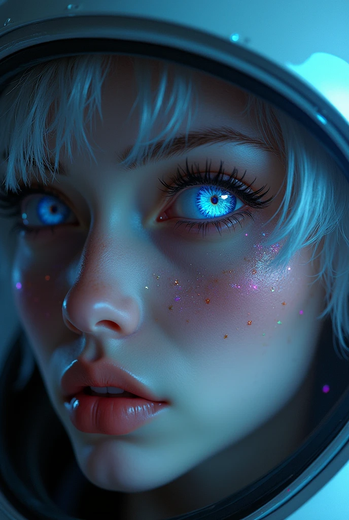 (Close-up of a better masterpiece:1.5)0.9], (Space and astronauts:1.2) (Messy silver hair:1.1) (Heterochromia xanthochromia and blue eyes:1.2) (Space Helmet:1.0) (Colored stars in the eyes:1.0) (A radiant glow:1.1) (thick lips:0.9)