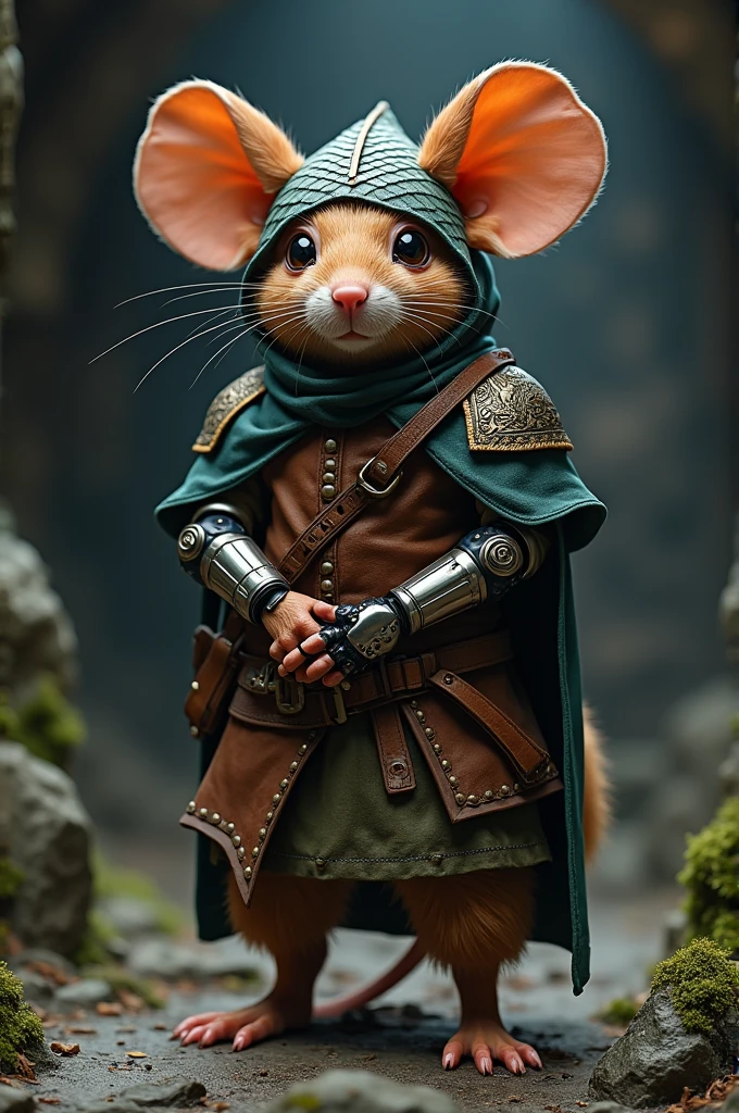 Humanoid mouse, with leather armor, dragon scale hunter hat, bardo, set in dungeon and Dragon&#39;s and a robotic prosthesis on the left arm