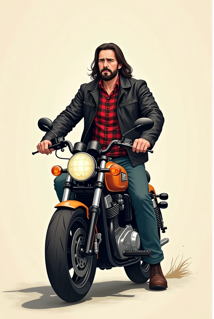 Create a Happy Birthday Card for my Boss. He turns 4. I want the one who will knit this with a drawing of him with a motorcycle, My boss is tall, delgado, with beard and goatee mustache, shoulder length hair, I want him to have a leather jacket and a red and black plaid long-sleeved shirt. I also want you to include a message saying that he has come a long way., Happy birthday and happy journey. Let it be less of a caricature, A little serious and riding a motorcycle