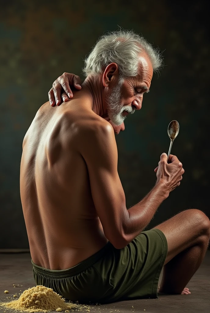 elderly Brazilian man on the back with a spoon in his hand massaging his spine with the spoon and a strange portion next to it