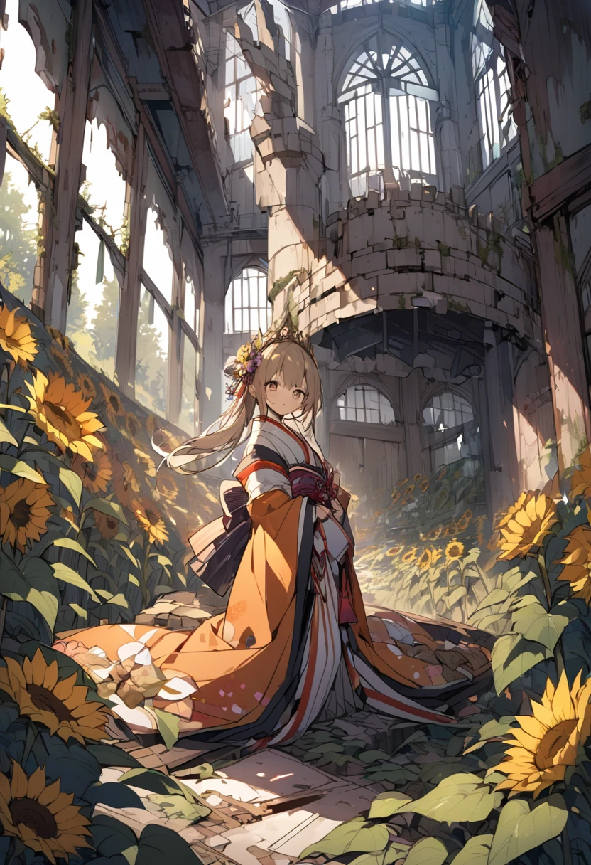 Abandoned castle, Japanese style, princess in kimono, many withered sunflowers

