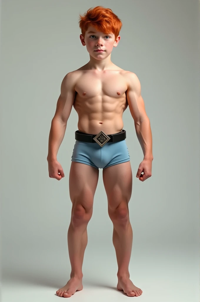 Realistic full length image  muscular white boy shirtless red hair freckles barefoot wearing very tight light blue bulging speedo black leather belt with diamond shaped buckle pulled tight around waist flexing muscles.