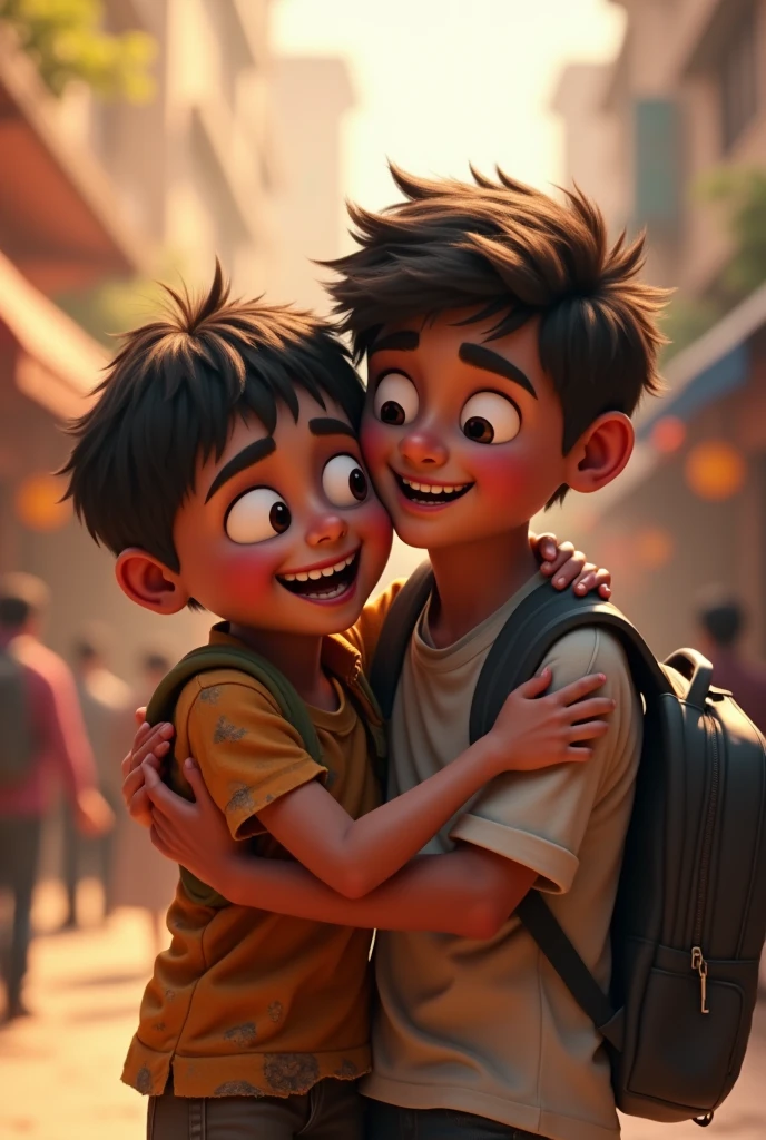 A Indian beggar kid hugging a college boy both having smile on their faces it should animate