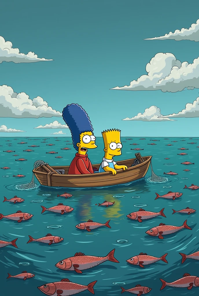 a simpsons style landscape image of homer and marge Simpson looking horrified sitting in a boat in the ocean holding fishing lines and fishing nets. all the fish are dead floating on the surface of the water