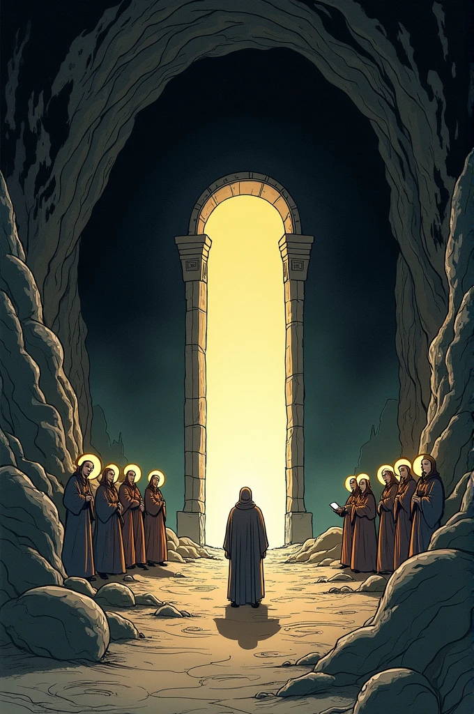 Generates a mini comic of the allegory of the caves but with religious characters