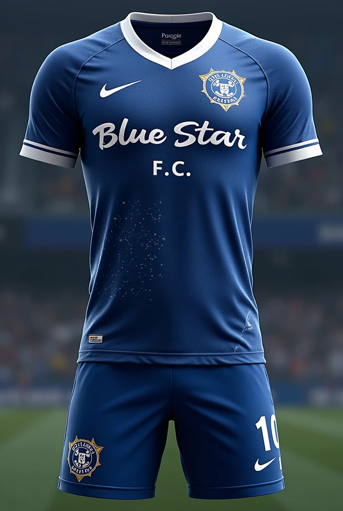 crear un uniforme de fútbol suéter. Pantalón y medias
color Principal: Deep blue.
Details:
cuello: white, V-shaped or round.
sleeves: White with blue details on the edges.
Side Panels: whites para resaltar el contraste con el color azul.
Logo: In the center of the chest, the team logo "Blue Star F.c." in white, possibly with a gold or silver star.
Number and name: in the back, números y nombre in white para destacarse sobre el fondo azul.
Additional Design: A subtle stars or stripes pattern in a lighter shade of blue on the front to add texture.
