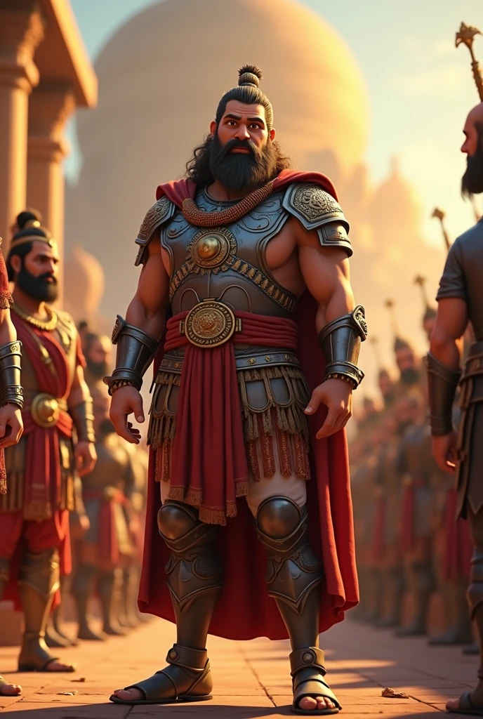 Generate in cinemetic 3d cartoon***A Warrior’s Dilemma:** Explore the mental struggle of a warrior who is torn between his duty to fight and his respect for the noble qualities of the enemy leaders, creating a deep sense of conflict..
.in Mahabharat time pictures