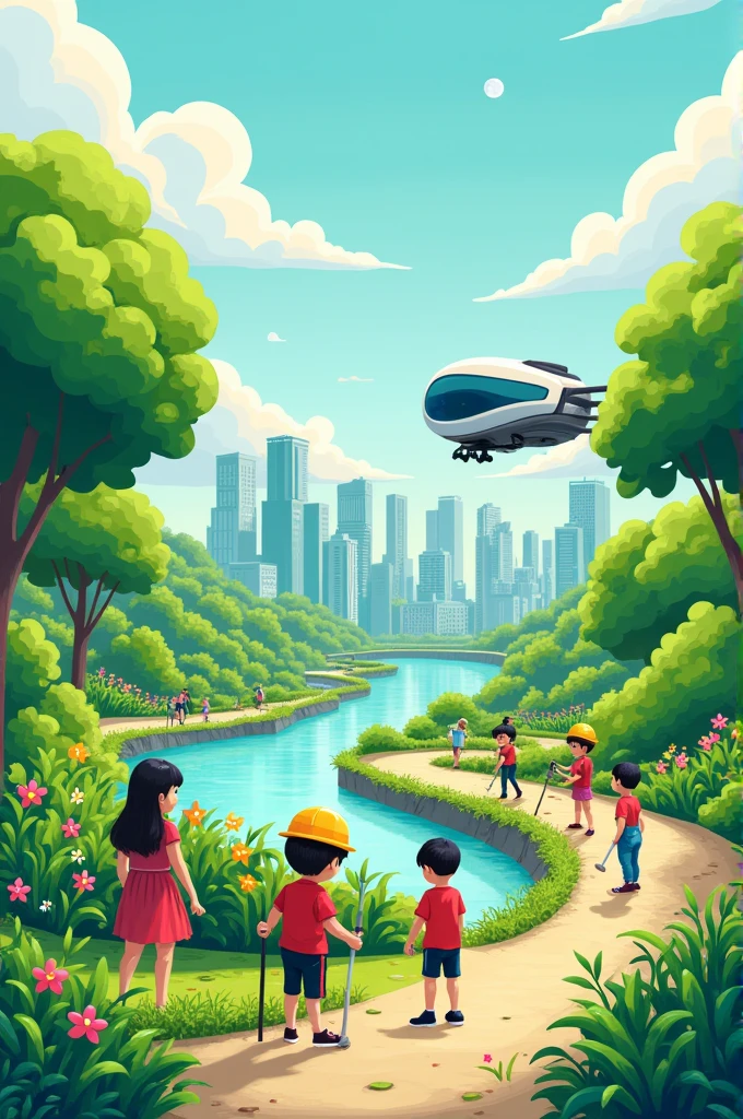 Make a landscape art on the topic " future we want clean and green" make it like one child have make. Add people planting plants house's. One flying futurestic car cleaning the road and River