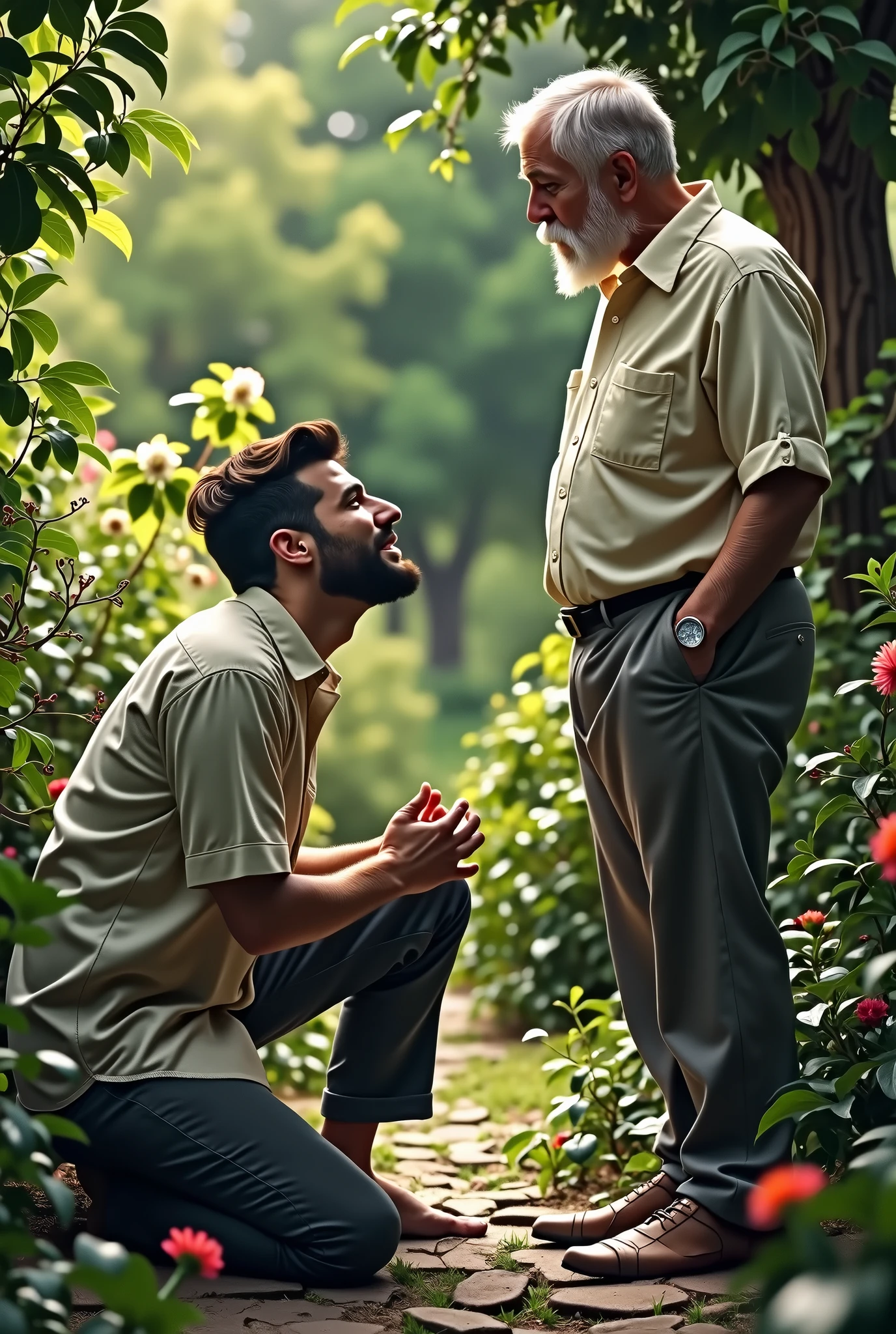 30 year old rich young man on his knees crying and asking for forgiveness, put an old man in the picture,the son looking at the old man, your beard should be short, the young man also has a short beard, both are in a garden, is wearing a shirt and pants