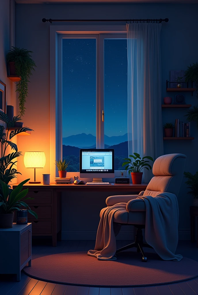 Cozy Room Vibes
Design a warm and inviting image of a cozy room at night. Include elements like a dimly lit desk with a computer or record player, a comfy chair with a blanket draped over it, a softly glowing lamp, and a window showing a serene, starry night sky. Add subtle details like plants, a mug of tea or coffee, and a few scattered books or vinyl records to enhance the relaxed, lo-fi atmosphere.