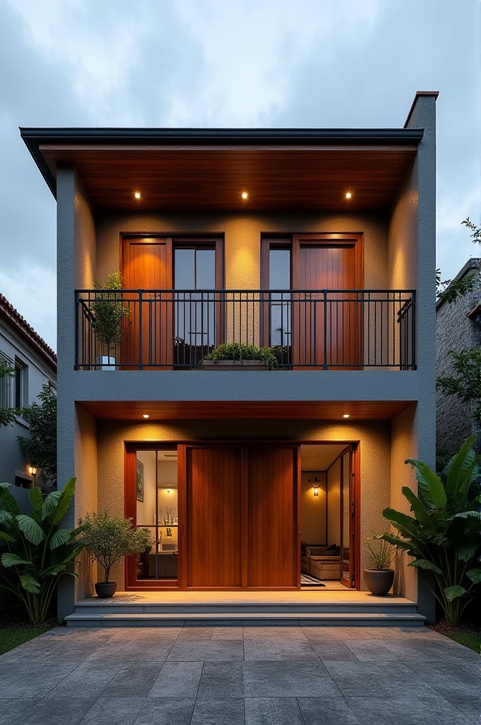 A two-story house on a large plot of land where the entire house can be seen.Its facade has a door and a window on the ground floor... The door is pivoting and made of wood with two sheets of glass on the sides and the window a little away from the door is very large and high.. Its upper part has two balconies separated by a wall that gives access to the rooms.., wooden sliding doors are closed so no one can see inside, The railings on these balconies are made of black metalwork. The lighting in this house is warm. A Brazilian house with an exposed tile roof.
The wall colors are from the gray palette, one wall has exposed bricks. Cozy and classic house 


