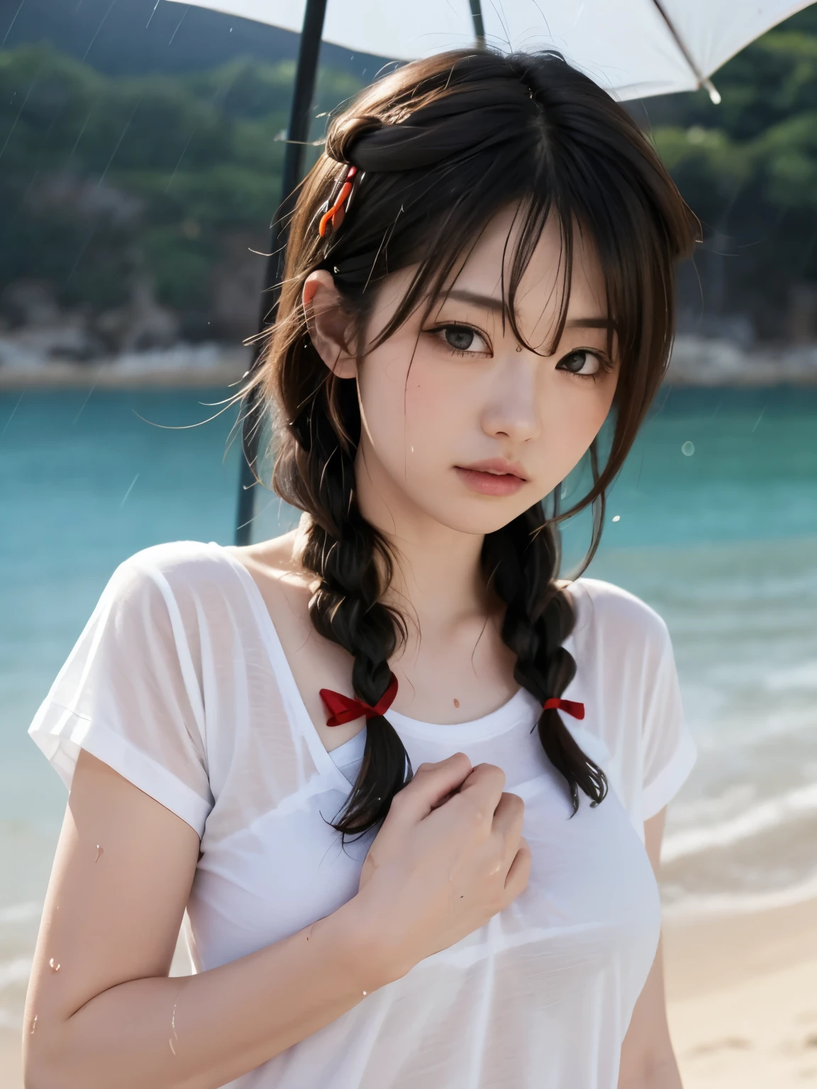 (8k, RAW Photos, Highest quality, High resolution:1.1), (Ultra-realistic:1.4),(Realistic, Realistic:1.3),The Beauty of Japan、
BREAK (((White T-shirt, Mesh T-shirt, Crew Neck, Wet sheer Stretchy T-shirt,))), Transparent nipples, 
BREAK Upper Body, Lean Body,
BREAK 1girl, solold, shigure, ahoge, single braid, hair ornament, hair flaps, hand ribbon,
BREAK ((Wet with rain)), in the beach,
