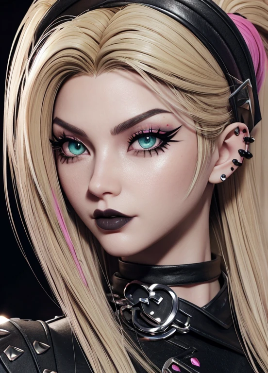 Imvu woman has long blonde hair with pink streaks, she wears a gothic punk outfit but no hat and looks very sexy, she has green eyes and looks very lasciviously into the camera, she has a nose piercing and 2 lip piercings. masterpiece,close up shot,imvu,4K,ultraHD,HD,very detailed,best picture
