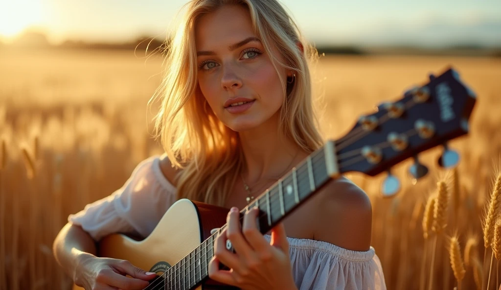 ((best quality)), ((masterpiece)), (detail), perfect face, full body shot of a young europe woman playing guitar in a barley field, shot by sony a7iv with lens 18 mm f1.8, woman with V-line face and blue eyes, magical light, sparkling light, 8k, ultra high resolution, sharp face