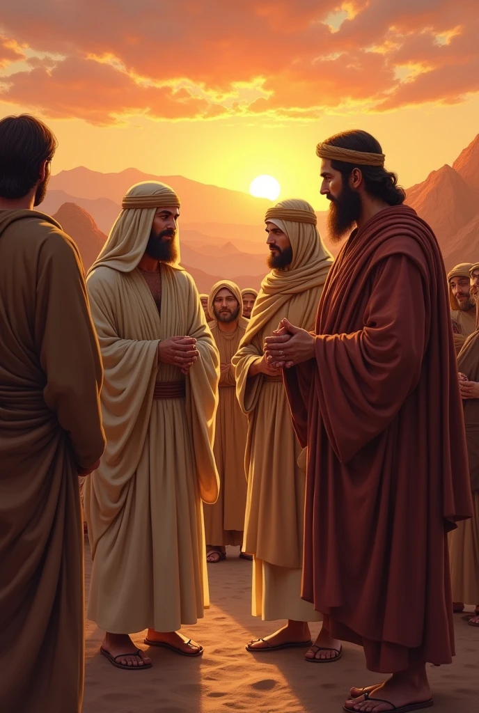 Create an illustrative scene that represents a significant moment from an ancient biblical account, dating from around 4.000 years. The image must capture the spiritual and cultural essence of the era, showing an ancient community in a desert or mountainous environment. Include elements such as tents, people wearing typical clothes from Antiquity, and a dramatic sunset in the background, symbolizing hope and reflection. The expression on their faces should convey the emotional depth and contemporary spirituality that still resonates with these ancient teachings.. Use a warm, earthy color palette to evoke a sense of connection to the land and history.