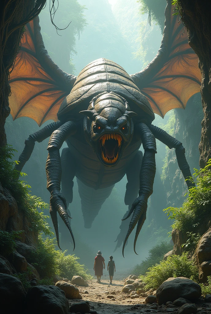 giant dragon, insect-like appearance, beetle shell, dragon wing bones, dragonfly wings, forest inside a cave,